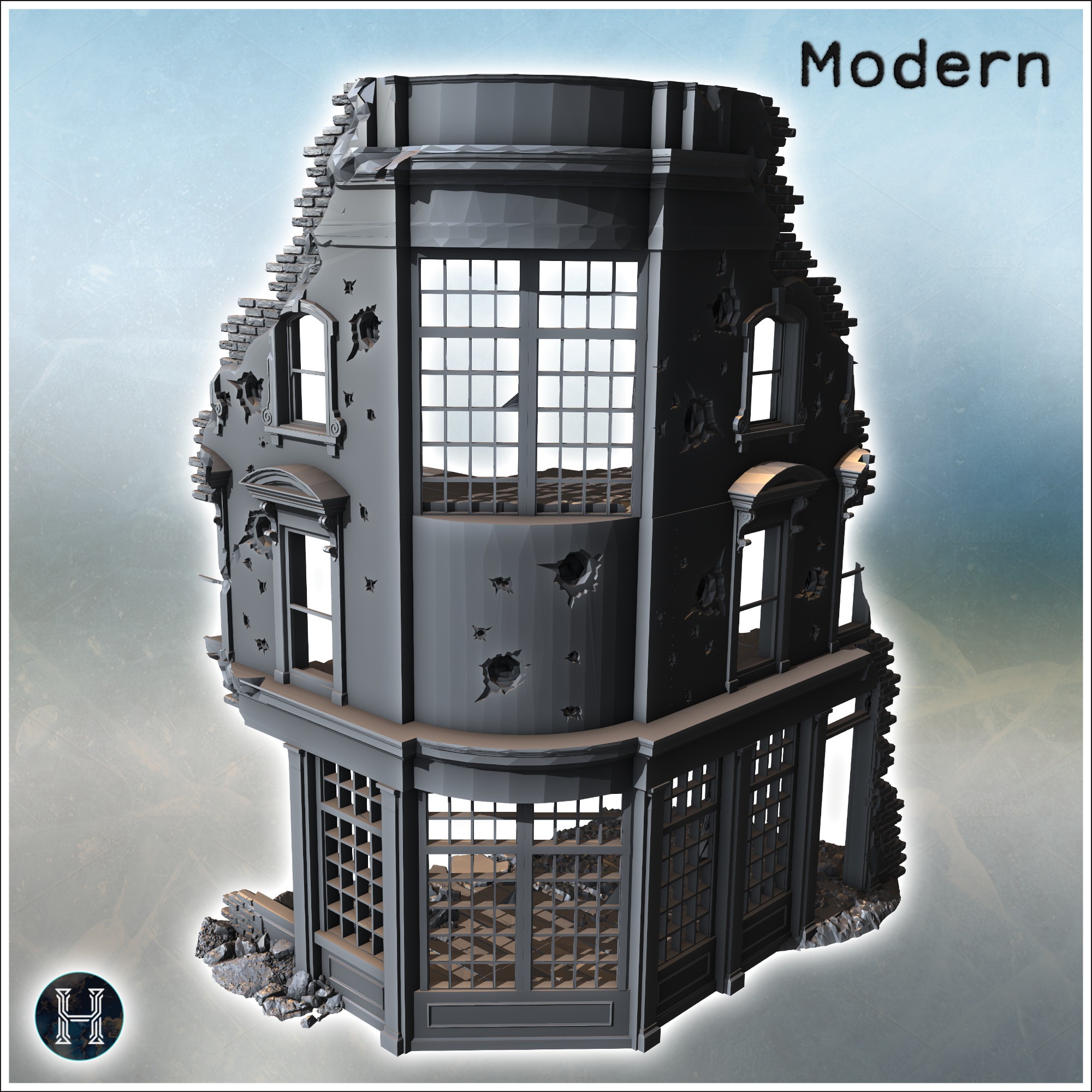 Curved building facade with shattered windows, bullet impacts, and partially collapsed walls (9) - Modern WW2 WW1 World War Diaroma Wargaming RPG Mini Hobby